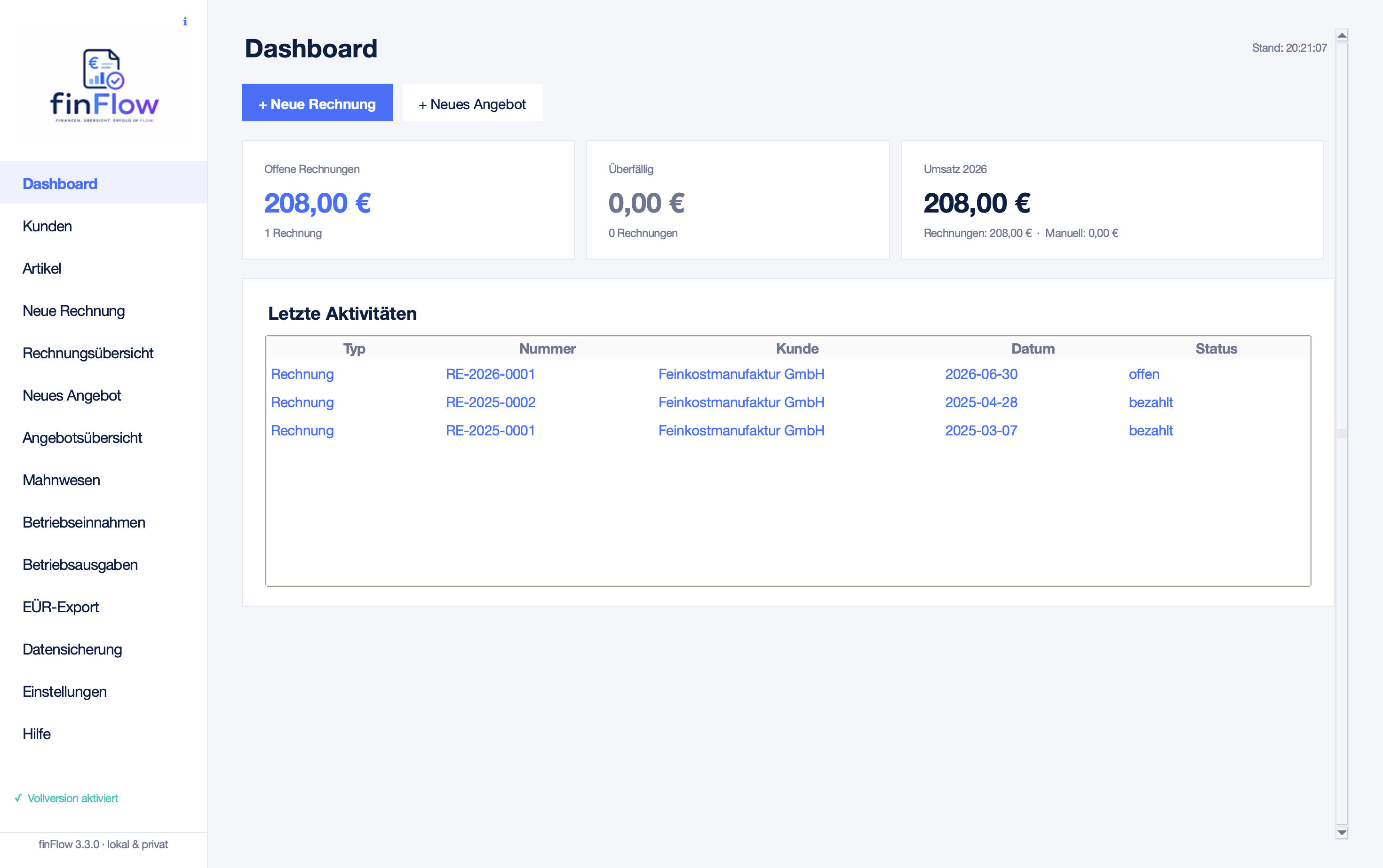 finFlow Dashboard &ndash; Übersicht über offene Rechnungen, Umsatz und letzte Aktivitäten